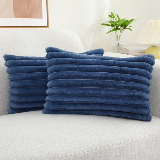 decorUhome Faux Fur Throw Pillow Covers 12x20 Set of 2, Decorative Soft Plush Striped Lumbar Neutral Couch Euro Pillow Covers with Velvet Back for Sofa, Bed, Living Room Home Decor, Blue