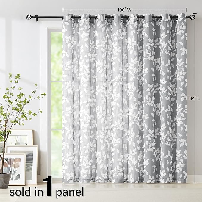 Grey White Sliding Door Curtain 84 inch Length Semi Sheer Leaf Print Curtains for Living Room Bedroom Linen Textured Look Light Filtering Window Curtain Panels Botanical Window Drapes 100” w 1pcs