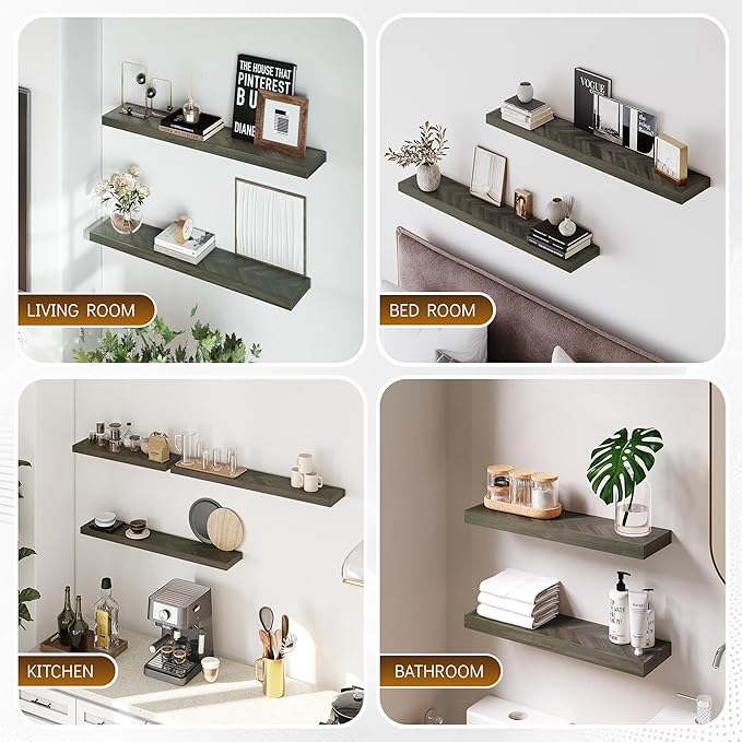 36" Acacia Chevron Floating Shelves Set of 2 - Wall Mounted Wooden Shelf for Stylish Home Décor - Mocha Color - 36x6.7x1.5 Inches