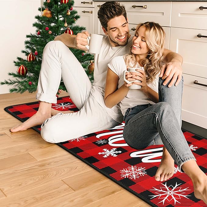 Buffalo Plaid Christmas Kitchen Rugs and Mats Set of 2 PCS, Xmas Snow Winter Holiday Party Low-Profile Floor Mat Merry Christmas Decorations for Home Kitchen - 17"x47"+17"x30"