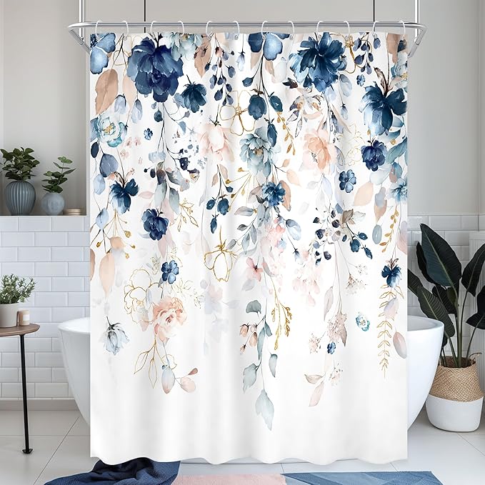 Small Stall Flower Shower Curtain 54Wx78H Inch Blue Pink Floral Spring Wilfflower Rustic Eucalyptus Leaf Boho Plant Botanical Bathroom Set Girls Bath Curtain Bathtub Accessories Home Decor
