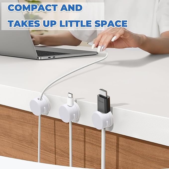 6 Pack Cable Management Clips[Upgrade Rotatable] Home Office Desk Cord Keeper Organizer Accessories Charger USB Wire Organizer Cord Holder for Nightstand (White)