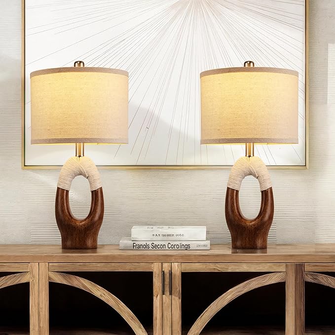 Set of 2 Boho Rattan Table Lamps,21" Farmhouse Rustic Table Lamp for Bedroom Night Stands,Wood Grain Color Resin Bedside Lamps with Linen Shades for Living Room Coastal Beach Decor(Bulbs Not Included)