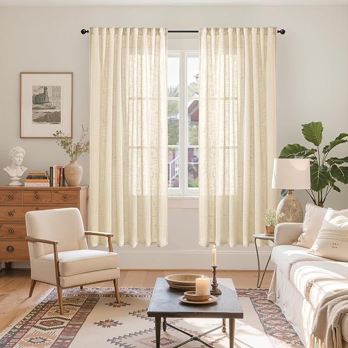 YoungsTex Natural Linen Semi Sheer Curtains 72 Inch Length for Living Room, Light Filtering Burlap Window Treatments Rustic Textured with Rod Pocket Back Tab for Dining Bedroom, 2 Panels, 52 X 72 Inch