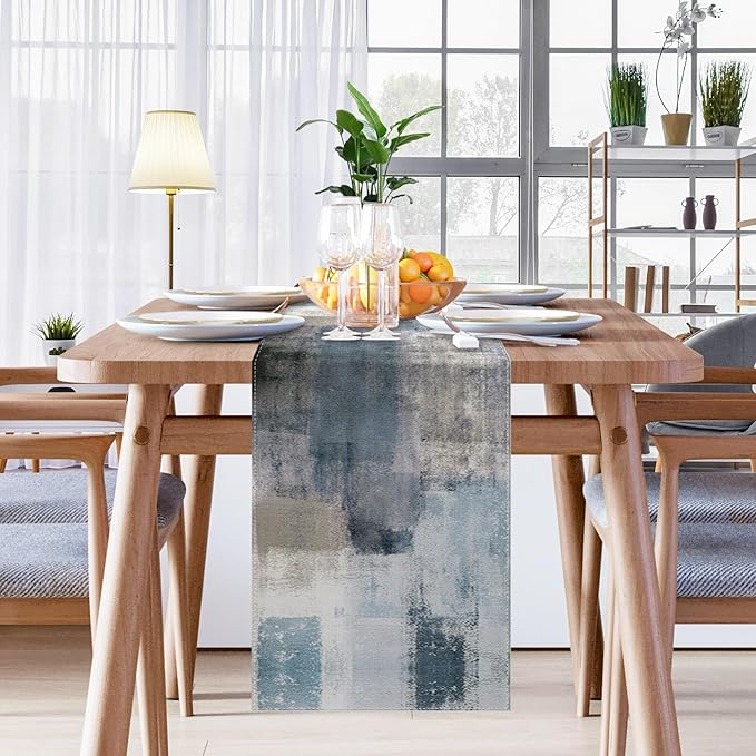 Emvency Farmhouse Table Runner, Vintage Blue and Grey Abstract Art Painting for Kitchen Coffee Table Family Dinners Holiday Parties Wedding Events Decor(13x72 inch)