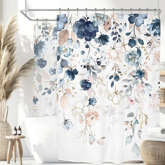Extra Wide Pink and Blue Floral Shower Curtain 180Wx70H Inch Spring Summer Flower Eucalyptus Leaf Shabby Chic Plant Botanical Bathroom Set Country Bath Curtain Bathtub Accessories Home Decor