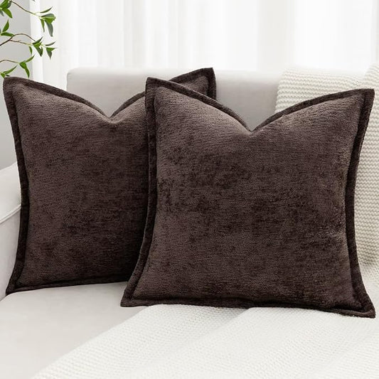 Brown Decorative Throw Pillow Covers 22x22 Inch Set of 2 Cozy Soild Chenille Cushion Cases Soft Textured Square Couch Pillows Cover Boho Accent Farmhouse Pillowcases for Sofa Bed