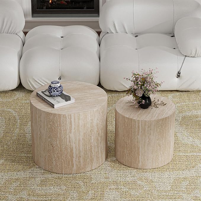 Nesting Coffee Tables Set of 2 Wooden Round Coffee Table Circle Nested Table Modern Coffee Table Round Accent Tables Set for Living Room Bedroom Office (Light Wood Color D18.1+D14.6“)