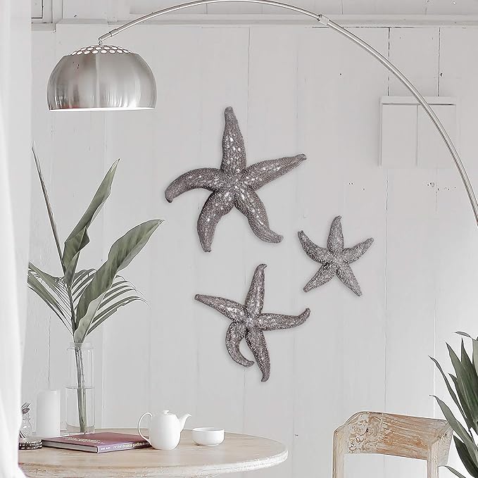 Howard Elliott Decorative Deep Starfish Figurine Hanging Wall Art for Home & Garden Decor, Silver Leaf Finish Abstract Decorative Sea Animal Figure for Tabletop & Wall Decoration 19 x 19 Inch, Large