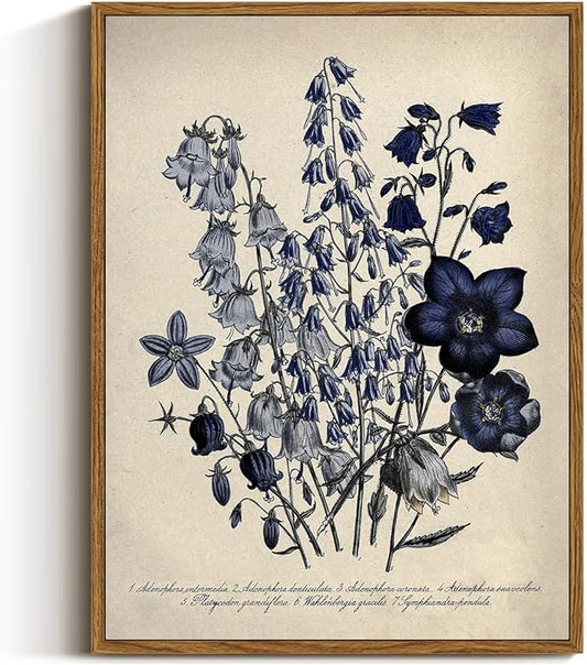 VIYYIEA Vintage Framed Botanical Wall Art Decor, Living Room Bedroom Blue Campanula Pictures Retro Wall Decor, Framed Canvas Prints Artwork, Farmhouse Flower Paintings,12x16 Inch