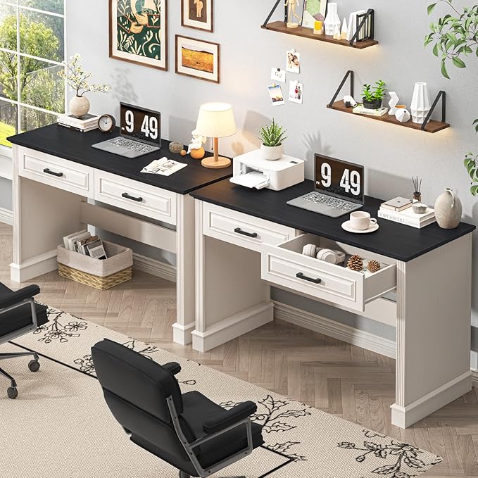 Farmhouse Executive Desk 48 Inch Computer Desk with 2 Drawers Simple Home Office Writing Desk Workstation for Bedroom Study Small Spaces, White and Black