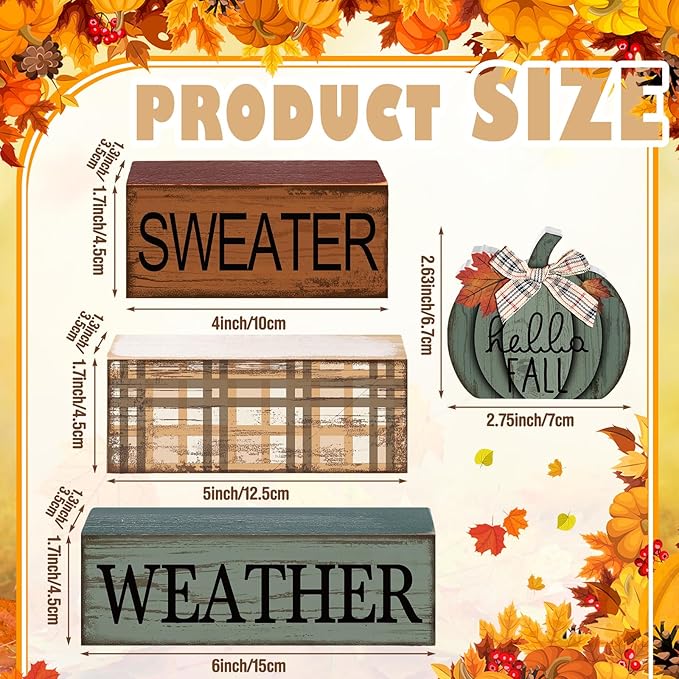 4 Pcs Fall Pumpkin Decor Fall Decorations for Home Thanksgiving Table Centerpiece Pumpkin Tiered Tray Decor Rustic Decorative Block Signs Farmhouse for Autumn Harvest Party Table Kitchen Home