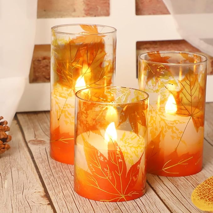 Fall Flameless Candles with Remote Timer Thanksgiving Gift Battery Operated LED Realistic Wax Glass Candles Gold-Red Maple Leaves Decor for Bedroom Home Table Ornament