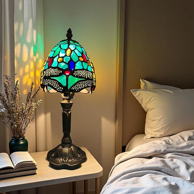 Tiffany Table Lamp,Dragonfly Stained Glass Lamp,Bedside Night Light with Included LED Bulb, Warm White Light for Bedroom/Office Decor,Small Tiffany Style Lamp