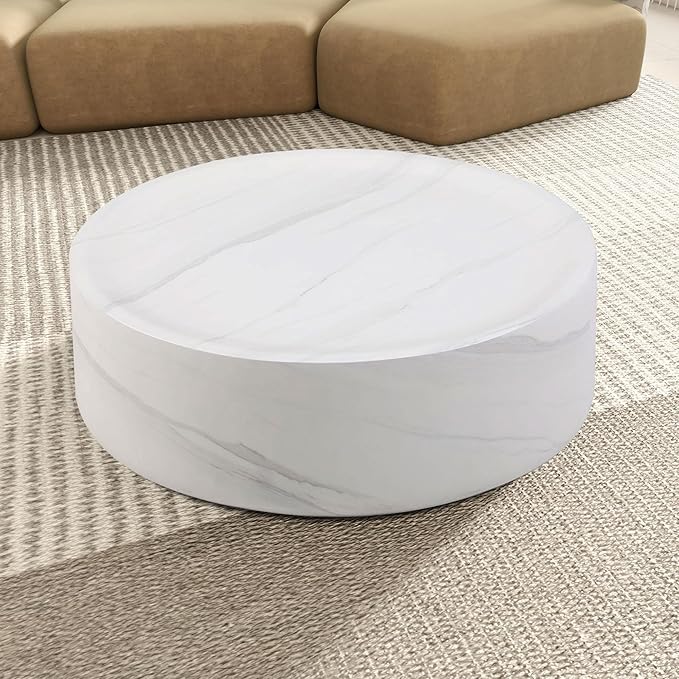 Marble Coffee Table, Modern Round Coffee Table, Circle Drum Coffee Tables, Fiberglass Center End Table for Living Room Apartment Office, No Assembly (31.49" Faux Marble White)