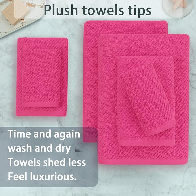 Hot Pink Towels - 100% Cotton, Soft, Quick Dry, Lightweight, Towel Set of 6, 2 Large Bath 30"x56", 2 Thick Hand 18"x28", 2 Absorb Washcloths 13"x13", Pink Bath Towel with Hanging Loop, Luxury Gift Set