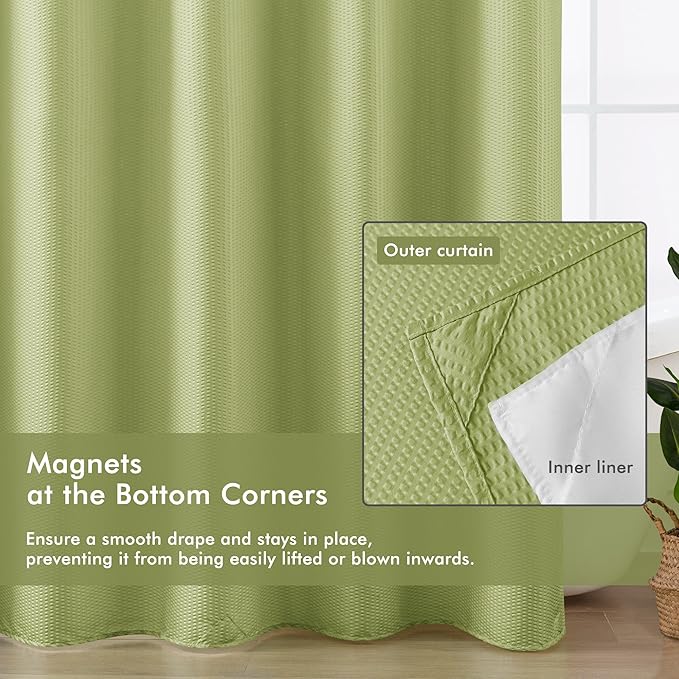 Mrs Awesome No Hook Shower Curtain with Snap-in Liner, Embossed Waffle Design Fabric Shower Curtain for Bathroom, Soft & Lightweight, 71x74, Sage Green