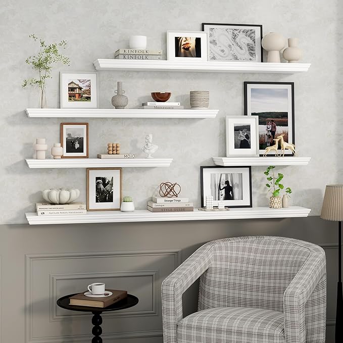 Axeman 48 Inch Floating Shelves for Wall, 9.3" Deep Crown Molding Wood Display Shelf with Heavy Duty Invisible Brackets for Living Room, Bedroom, Bathroom, Kitchen Decor & Storage, Set of 1, White
