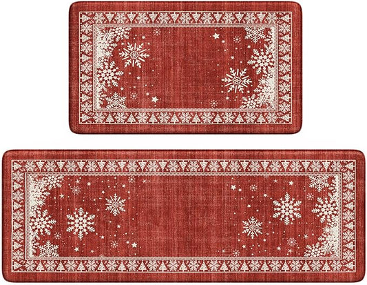 Christmas Kitchen Mats for Floor 2 Piece, Snowflake Kitchen Floor Mats Cushioned Anti Fatigue Kitchen Rugs Non Slip, Bordered Comfort Thick Standing Mat for Home Decor,Sink(Red)
