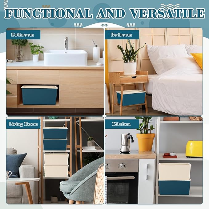 Menkxi 4 Pcs Storage Bins with Lids Plastic Containers Stackable Storage Box Baskets for Organizing Shelves(Beige, Blue,Small)