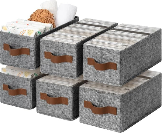 GRANNY SAYS Small Fabric Storage Bins with PU Handles, Storage Baskets for Shelves, Toilet Paper Storage, Narrow Baskets for Organizing DVD, Photos, Clothes, Diaper, Sock, Cd, 6-Pack, Gray