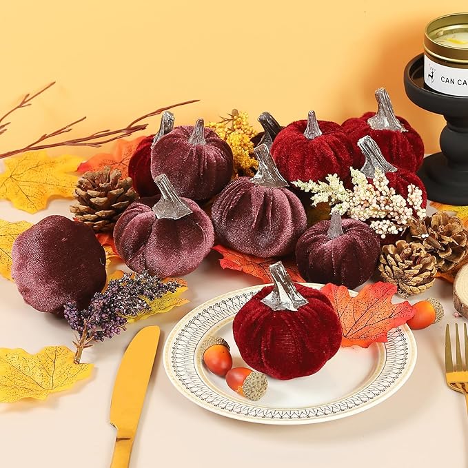 12pcs Velvet Fake Pumpkins Fall Decor Faux Small Foam Fabric Pumpkin for Autumn Table Centerpiece Party Farmhouse Harvest Thanksgiving (Dark Red/Mulberry)