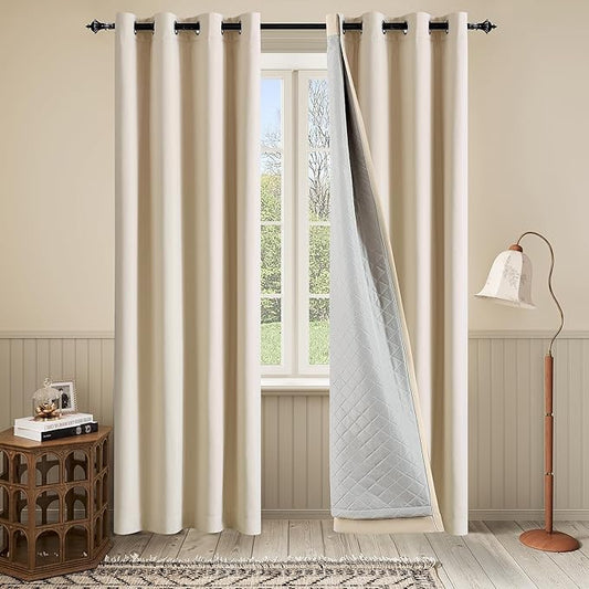 3-in-1 100% Beige Blackout Curtain Heavy Soundproof Curtains Single Panel - Thermal Insulated Grommet Curtains 96 Inches Long for Bedroom Living Room