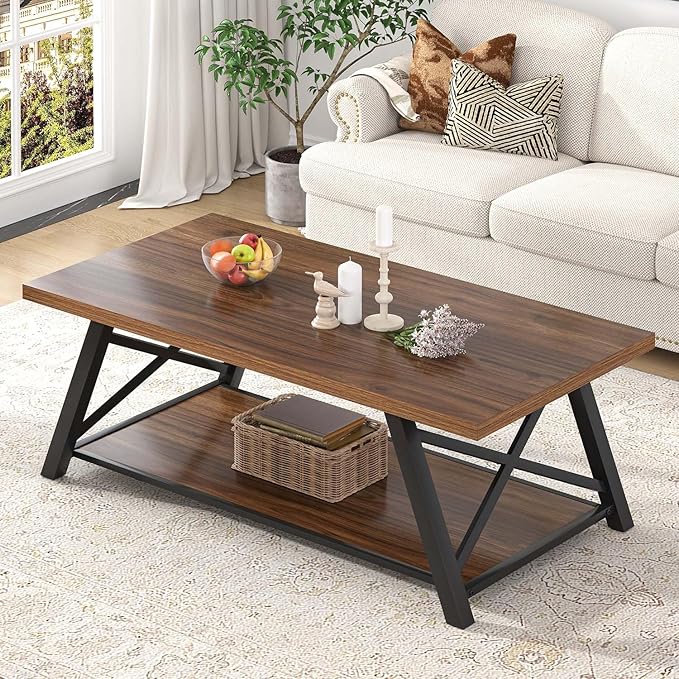 EXCEFUR Modern Coffee Table, Industrial Living Room Center Table with Storage Shelf, Rectangle Wood and Metal Cocktail Tea Table, Rustic Walnut, 47 Inch