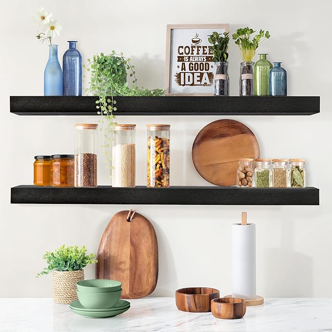 Sorbus Wood Floating Shelves for Wall - 35” Solid Wood Wall Shelves for Bathroom Decor, Books, Bedroom & Living Room - Set of 2 Black Wall Mounted Kitchen Shelves - Durable Solid Pine