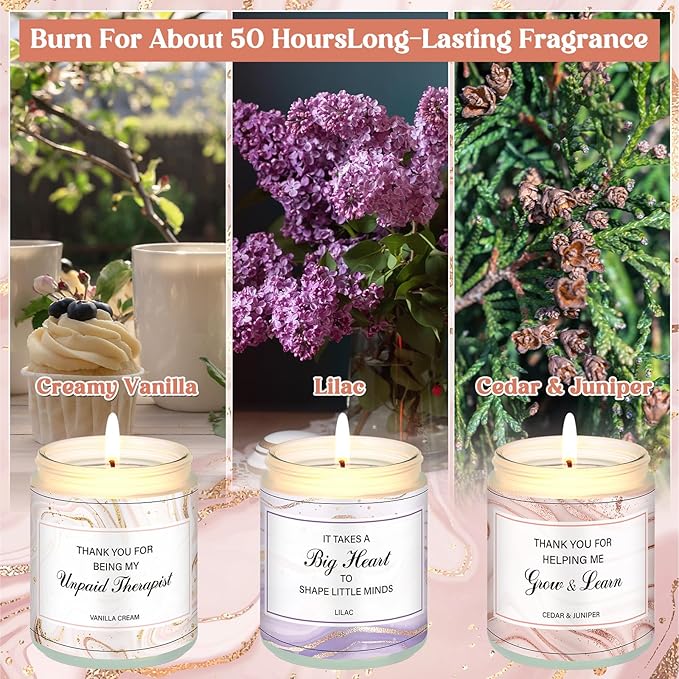 6 Pack Christmas Teacher Appreciation Gifts Scented Candles Bulk Large 7 oz Soy Wax Thank You Teacher's Day Graduation Retirement Gifts Jar Candles Set Bundle Long-Lasting Scents for Women