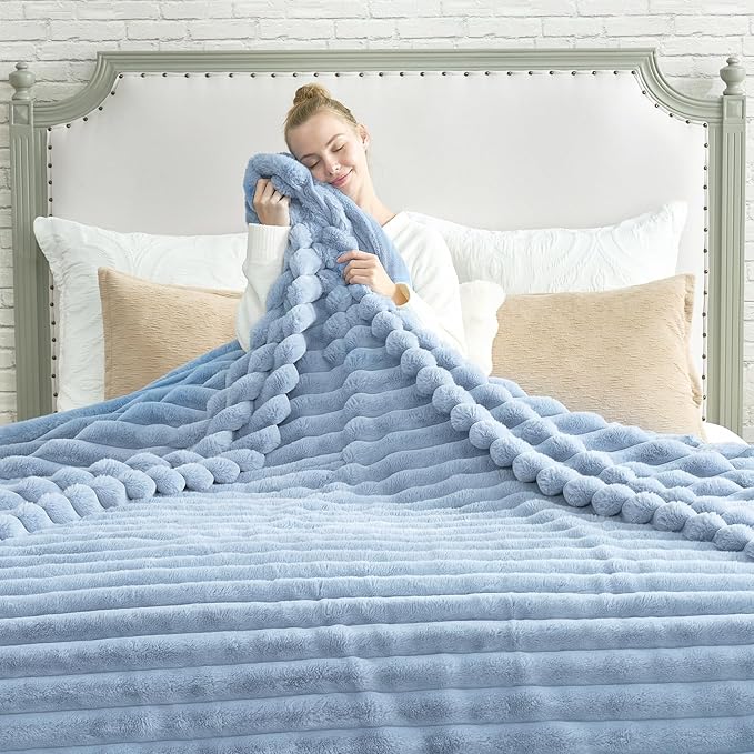Cozy Bliss Faux Fur Throw Blanket for Couch, Cozy Warm Plush Striped Blanket for Sofa Bedroom Living Room, 90 * 90 Inches Light Blue