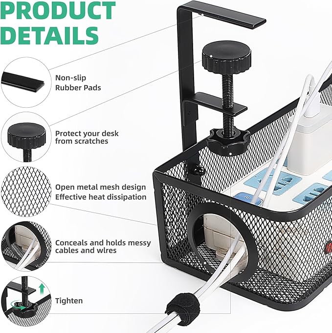 Under Management Tray Kit No Drill, Metal Mesh Cable Management Under Desk Cable Tray with Clamp for Wire Management and Cord Organizer Cable Rack for Home Office Desk (Black)