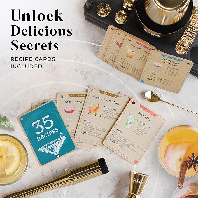 BARE BARREL® Mixology Bartender Kit Bar Set | 14-Piece Cocktail Shaker Set | Martini Barware Mixing Tools for Home Bartending | 35 Recipe Cards | Gift Set (28oz Boston Shaker, Gold/Black)