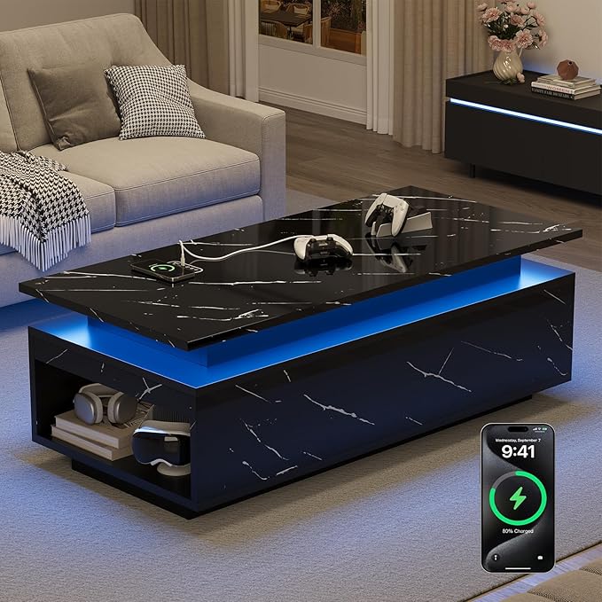 LED Coffee Table with Storage, Black Coffee Table with Wireless Charging and Speaker, High Glossy Modern Center Table with 24 Color LED Lights for Living Room Bedroom, Black