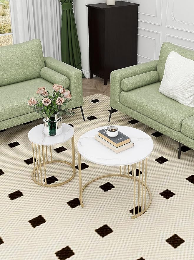 Nesting Coffee Table Set of 2, Round Table, Morden End Side Table Night Stand for Bedroom Dining Room (Marble White)