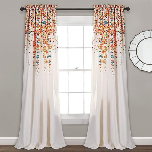 Lush Decor Weeping Flower Light Filtering Window Curtain Panels, Pair, 52"W x 84"L + 2" Header, Turquoise & Tangerine - Charming Modern Floral Curtains for Living Room, Dining Room, & Bedroom