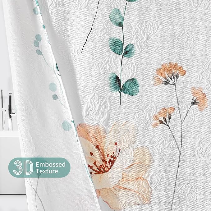 QiyI Watercolor Floral Shower Curtain, 3D Embossed Butterflies Teal Beige Flower Bathroom Curtain, Minimalist White Cloth Bath Curtains, Waterproof Fabric Textured Shower Curtain Set with Hooks, 72x72