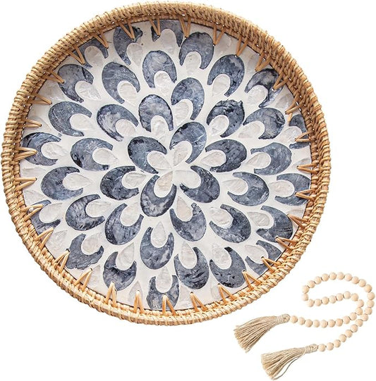 Round Rattan Tray Home Decor with Wood Bead Garland, 12'' Wicker Serving Tray with Mother of Pearl Inlay, Boho Decorative Tray for Coffee Table, Bathroom, Ottoman, Kitchen Table (Coastal Blue)