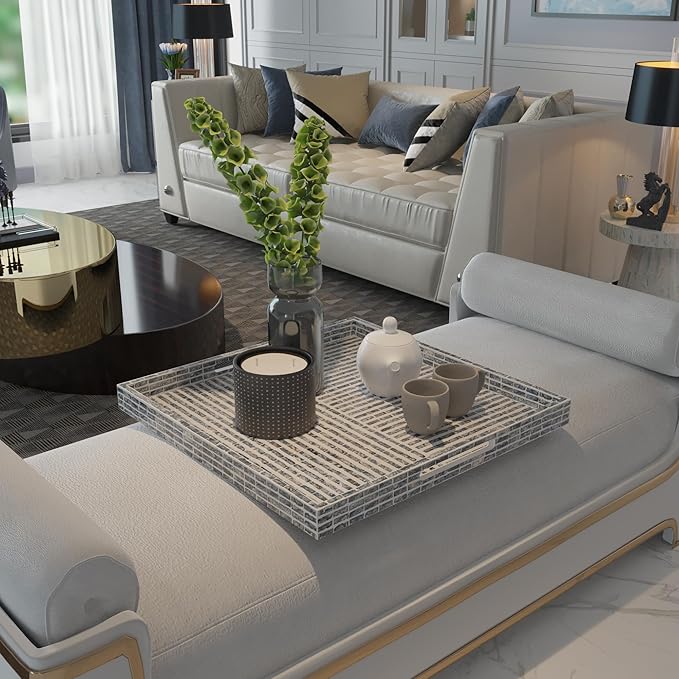 PEMAR Mother of Pearl 23.6" Square Extra Large Ottoman Tray with Insert Handles, Oversized Decorative Luxury Wooden Serving Tray for Food, Coffee Table, Breakfast in Bed (Dark Grey - White)