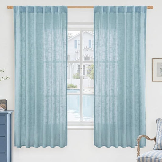 LAMIT Sheer Linen Curtains 63 Inch for Bedroom, Light Filtering Country Decor Semi Sheer Farmhouse Boho Curtains Back Tab and Rod Pocket Living Room Panels, Stone Blue, 2 Panels, 52 x 63 Inch