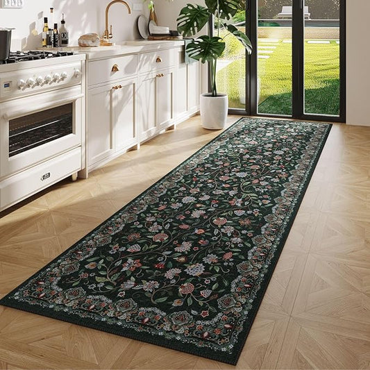Rugcomf Vintage Paisley Kitchen Runner Rug 2'x6' - Machine Washable, Non-Slip Low Pile Floral Carpet for Laundry, Bedroom, Bathroom - Green