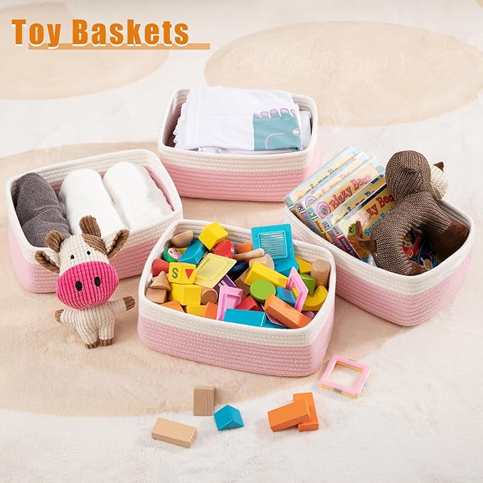 OIAHOMY 4 Pack Storage Baskets for Organizing, Small Bins for Shelves, Cute Decorative Storage Bins, Organizer Baskets for Gifts Empty, 13''Lx8.7''Wx5.1''H, Pink/White