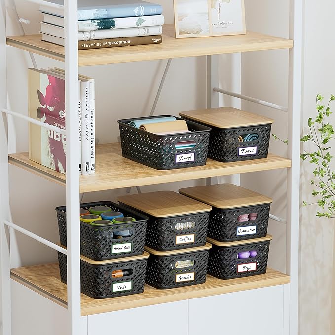 8 Packs Plastic Storage Bins with Bamboo Lids - Stackable Storage Bins Decorative Small Basket Containers for Organizing Shelves Office Classroom Desktop Closet, Black