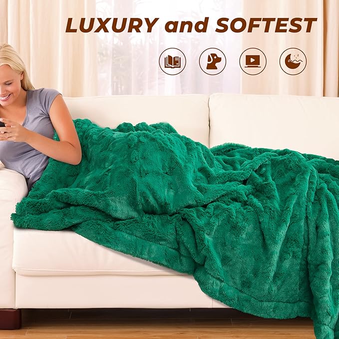 TOONOW Faux Fur Luxury Throw Blanket,Double Side Soft Fluffy Shaggy Fuzzy Blanket for Couch Sofa Bed (Emerald, Throw)