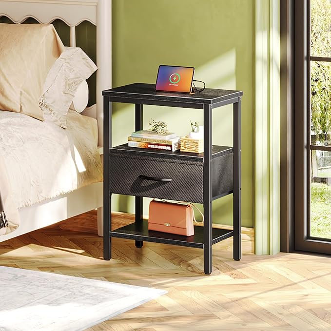 SUPERJARE Nightstand Set of 2, Bed Side Tables with Charging Station, Adjustable Fabric Drawer, Night Stand for Bedroom, 3-Tier Storage End Tables, Black, 8030BC