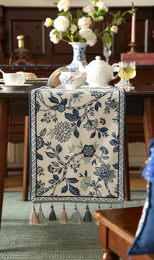 Decorative Small Linen Table Runner 63 Inches Long,Chinoiserie Blue Floral Cloth Runner for Coffee Table Decor Tabletop Table Runners for Kitchen,Dining,Party,Home,Christmas,12"*63"