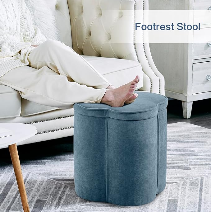 Crestview Collection Flower Pouf Ottoman with Storage,Chenille Fabric Foot Rest for Couch, Small Mordern Footstool for Vanity, Bedroom, Living Room,Under Desk, Navy Blue,18 inches