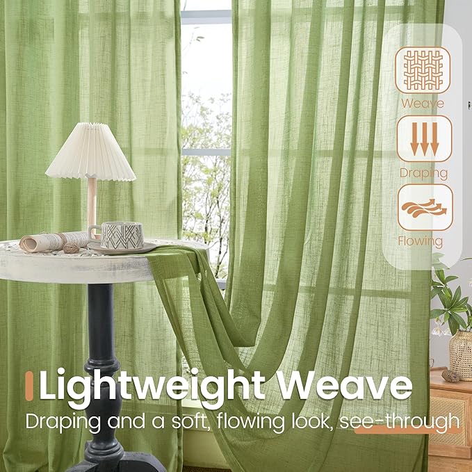 BGment Olive Green Linen Curtains for Living Room 63 Inch Length - Rod Pocket Natural Textured Light Filtering Drapes for Farmhouse Bedroom Lightweight Rustic Decor, 2 Panels Set, 52 X 63 Inch