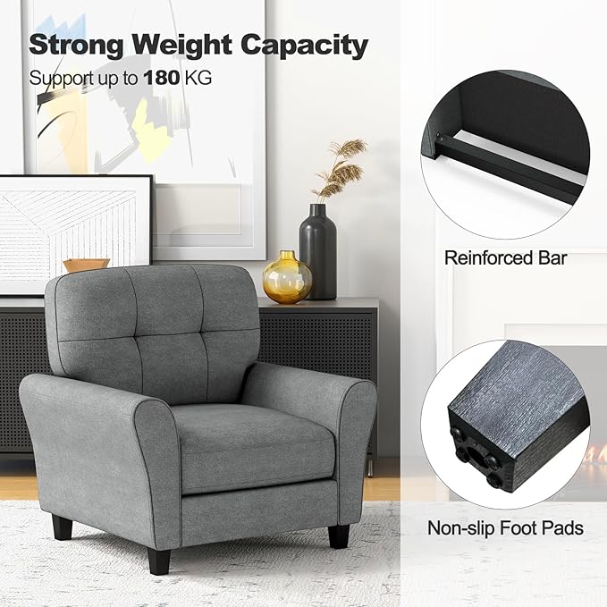Giantex Modern Mid-Century Accent Chair Set of 2 - Linen Living Room Chair with Tufted Back, 7" Thick Cushion, Max Load 400 lbs, Upholstered Armchair, Club Chair for Bedroom, Grey