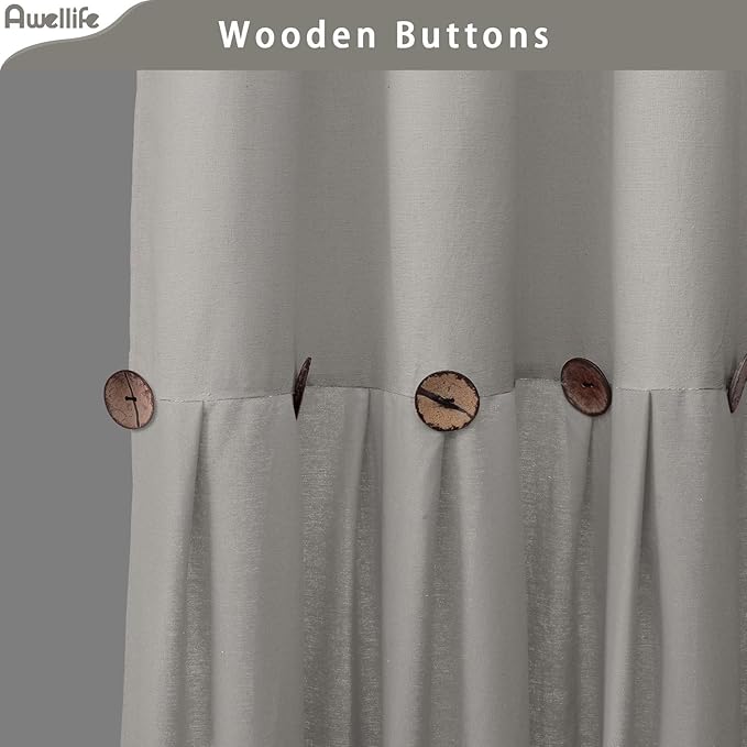 Awellife Farmhouse Grey Shower Curtain Button Linen Textured Woven Fabric,Country Style 72" W x 72" L